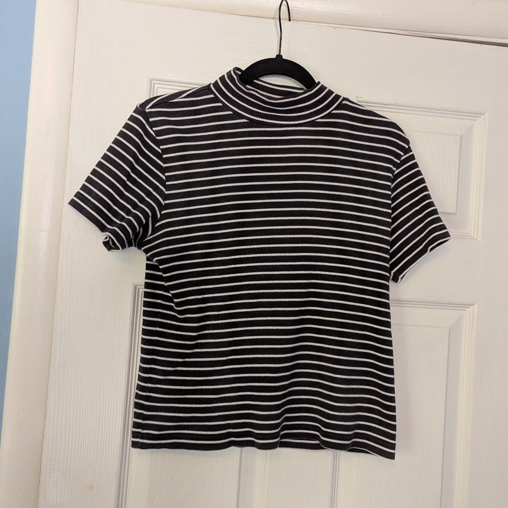 Gray and White Stripe Mockneck Ribbed 100% Cotton Top